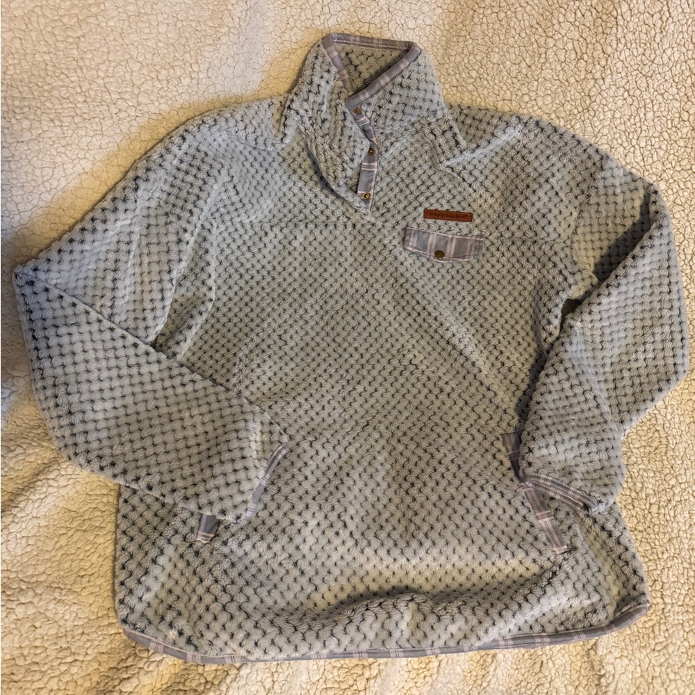 Simply Southern Cozy Fleece Pullover. Size Large. Gray with pink plaid accents.